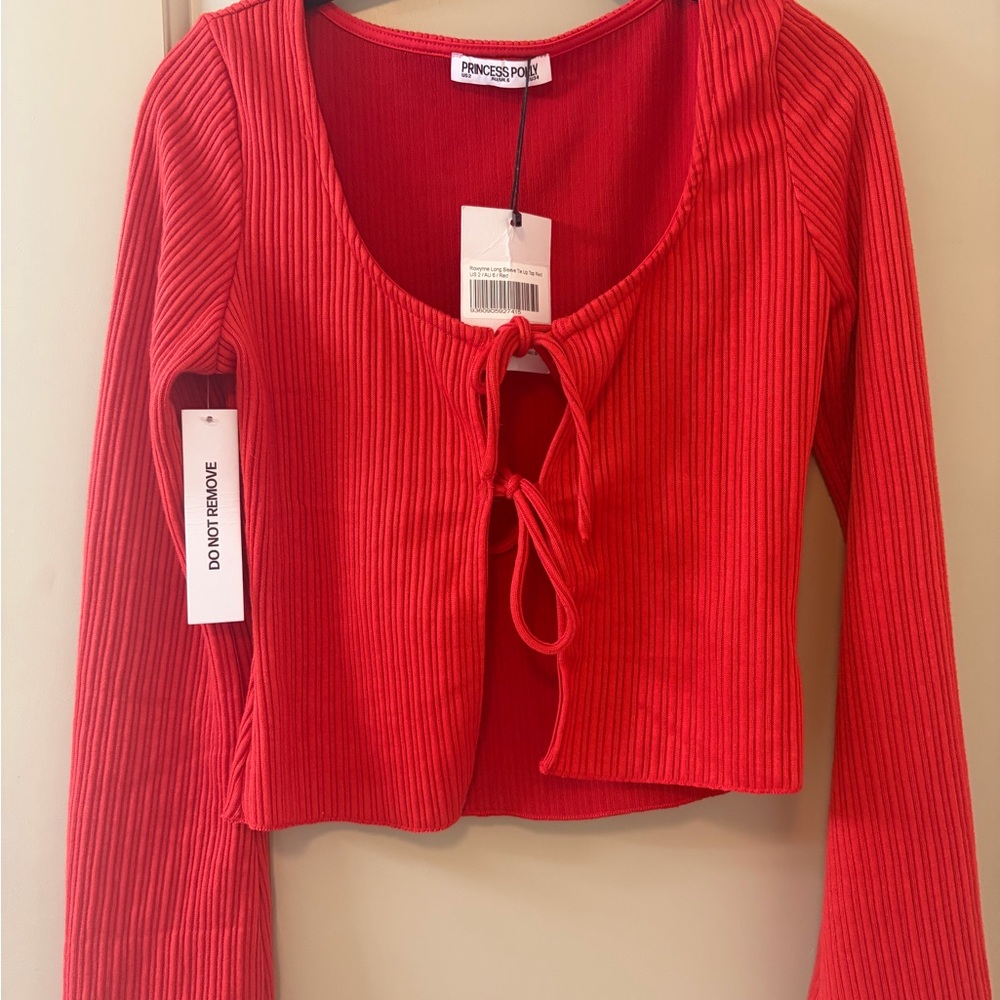 Princess Polly Red Ribbed Tie-Front Long Sleeve Crop Top